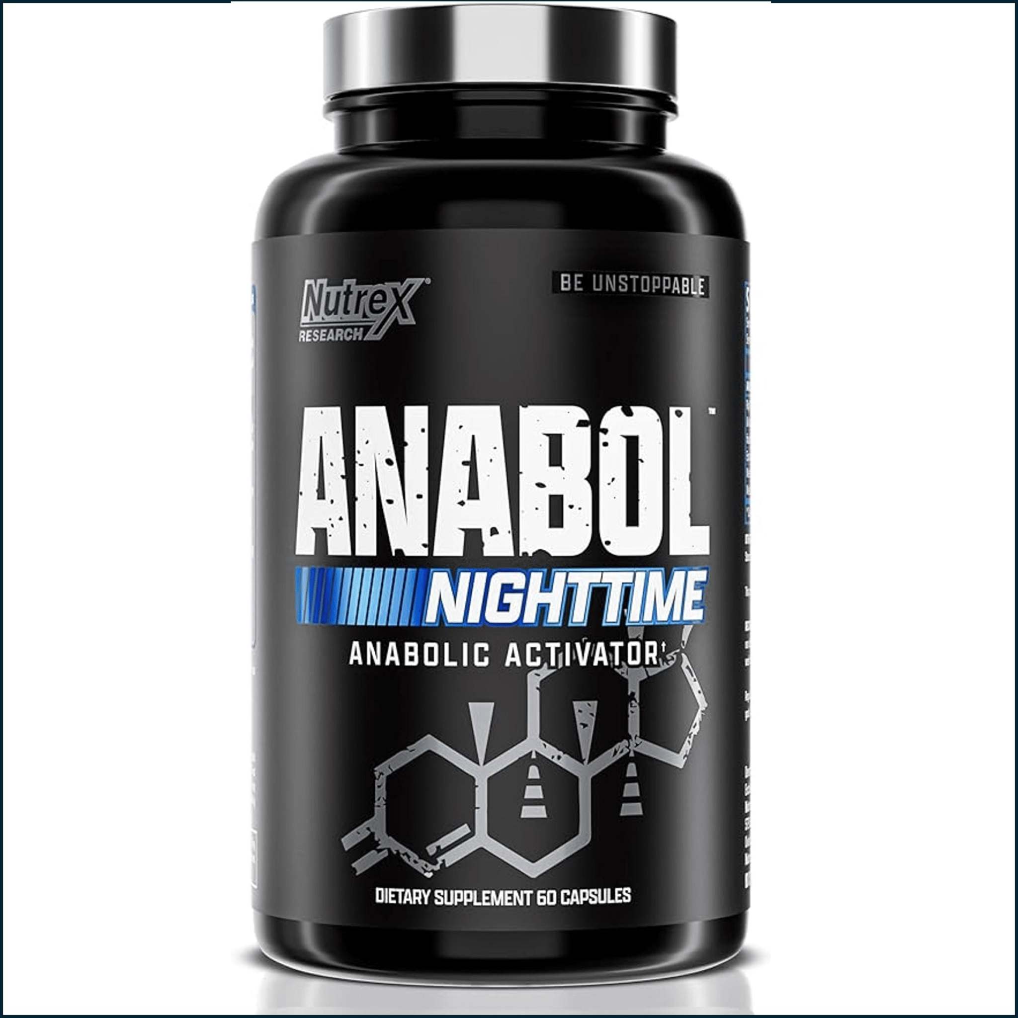 Nutrex Anabol NightTime supplement bottle with a black label, bold white lettering, blue accent stripes and 60 capsules