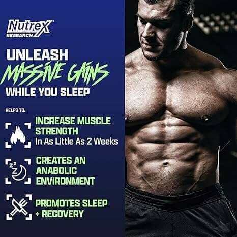Nutrex Anabol NightTime supplement advertisement with bold blue and green text promoting muscle gains, strength, sleep and recovery