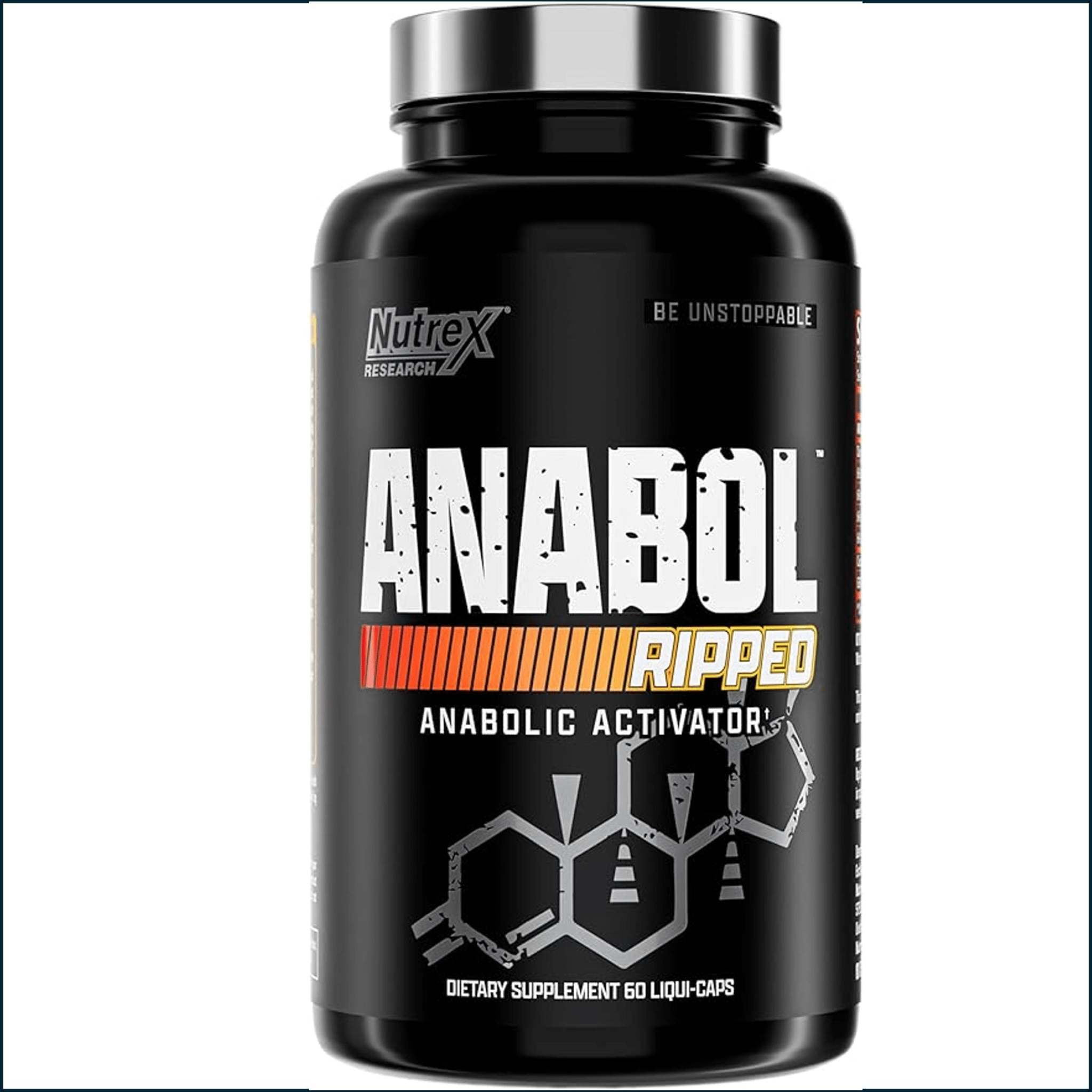 Nutrex Anabol Ripped supplement bottle in black with bold white and orange label and 60 liquid caps
