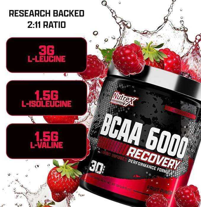 Nutrex BCAA 6000 Recovery tub with a black and red label, fruit punch graphics and amino acid amounts