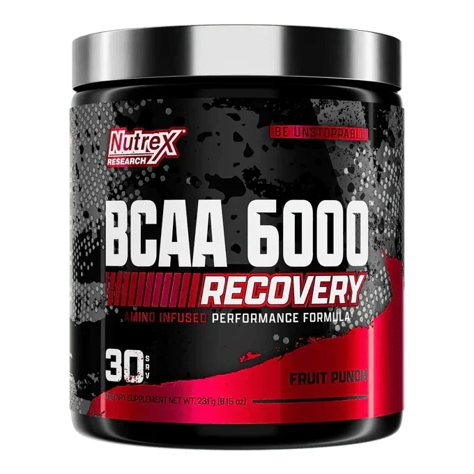 Nutrex BCAA 6000 Recovery supplement tub with a black and red label, silver lid, and fruit punch flavor.