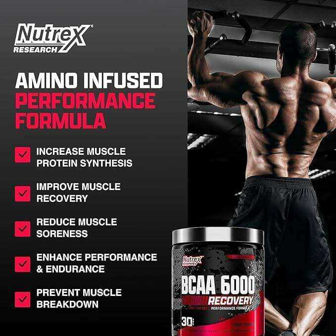 Nutrex BCAA 6000 Recovery supplement tub with black and red label, 30 servings, beside a muscular athlete