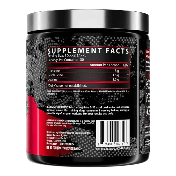 Nutrex BCAA 6000 Recovery supplement tub with black and red label, silver lid, and visible supplement facts panel