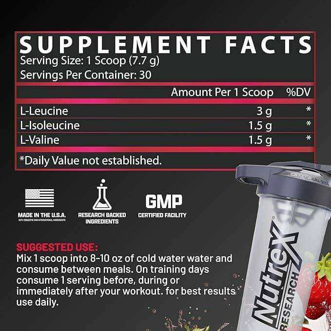 Nutrex BCAA 6000 Recovery supplement label lists 3 g leucine, 1.5 g isoleucine and 1.5 g valine per scoop