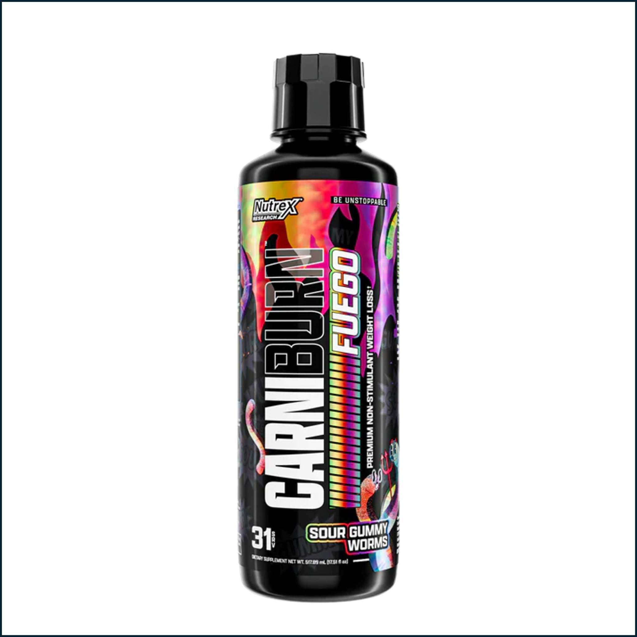 Nutrex CarniBurn Fuego liquid carnitine supplement in a black bottle with a vivid multicolour label and Sour Gummy Worms flavour