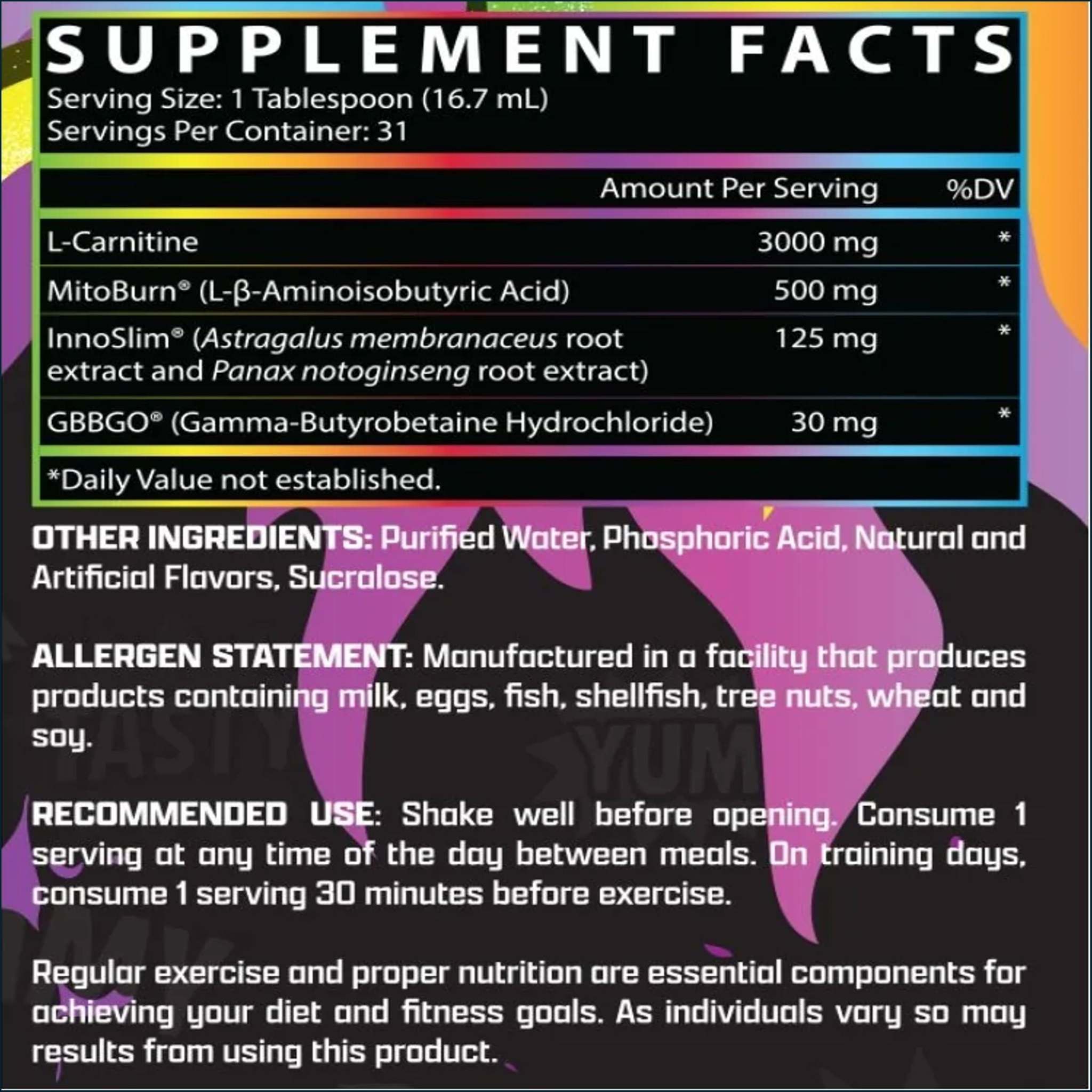 Nutrex CarniBurn Fuego supplement facts label with black background, rainbow border, ingredient amounts and 31 servings