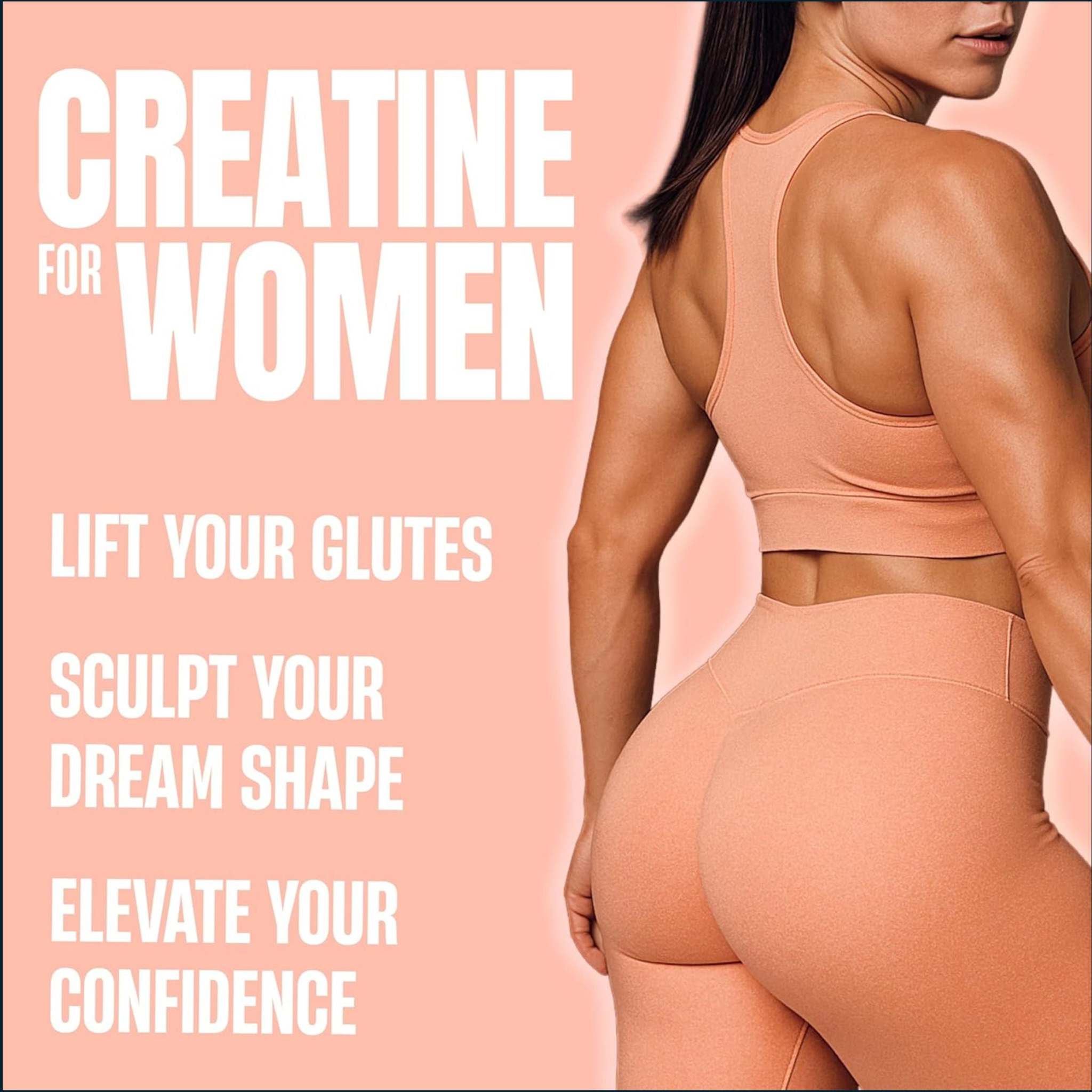 Nutrex Creatine for Women peach graphic with bold white lettering beside a woman in matching peach sportswear, promoting glute training.