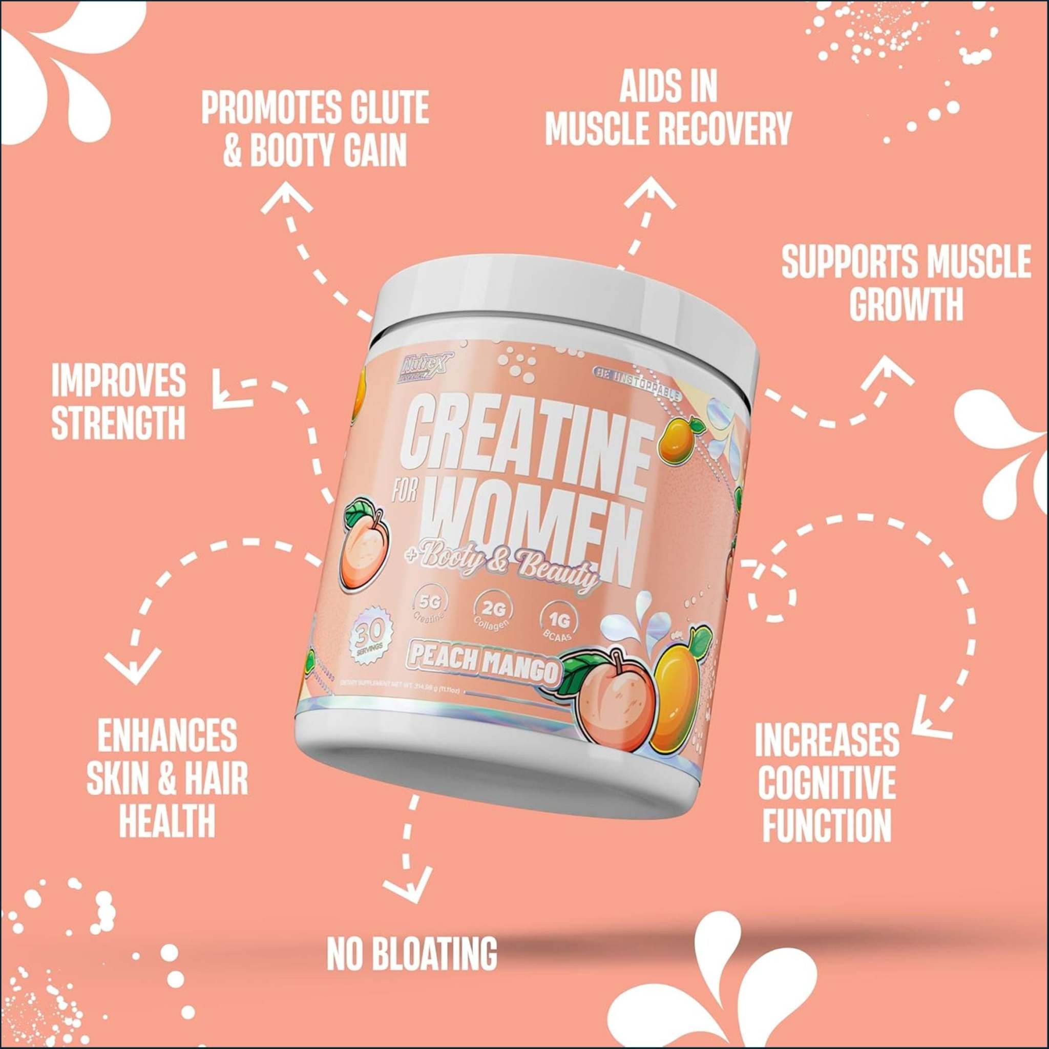 Nutrex Creatine for Women peach mango creatine powder in a pink tub with a white lid and fruit graphics