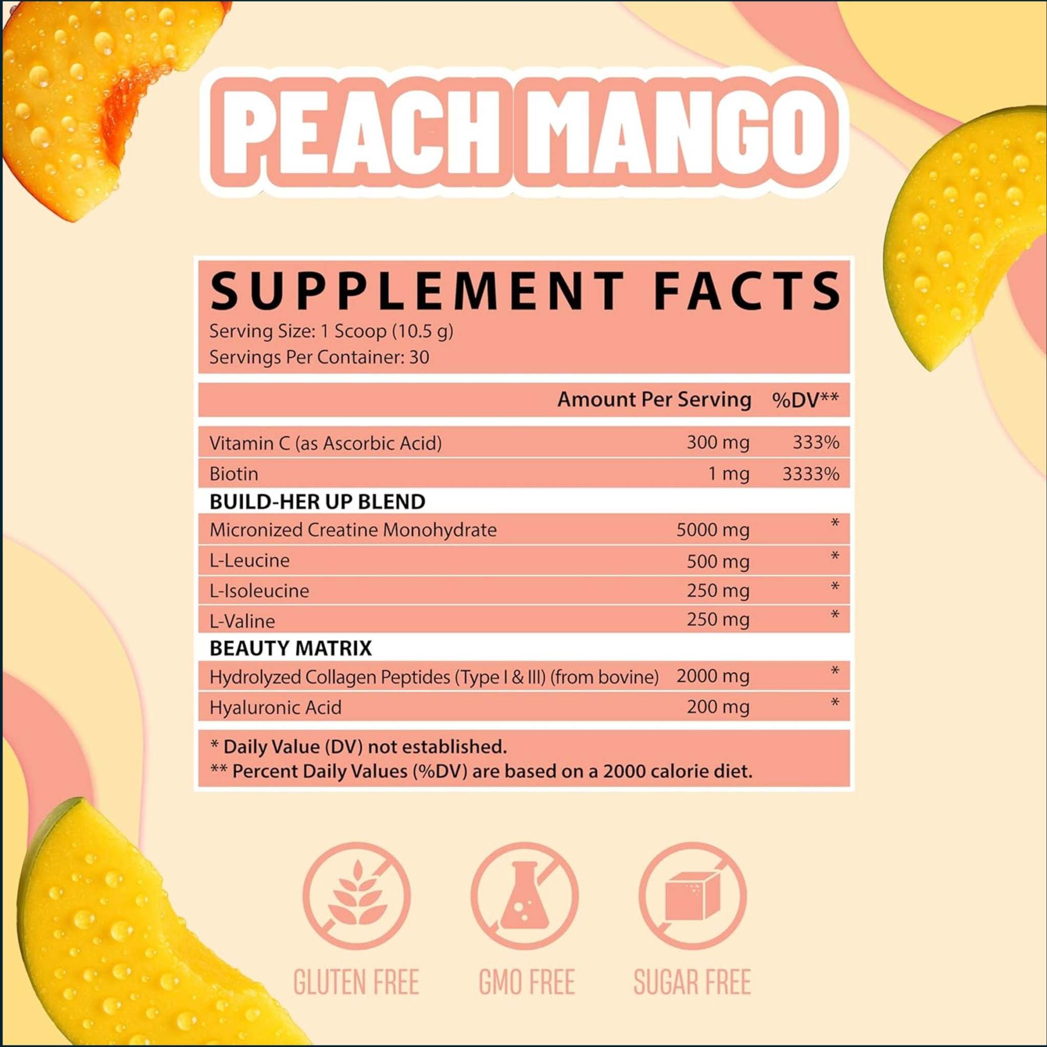Nutrex Creatine for Women supplement label in peach mango flavor, with peach-colored text and fruit graphics.