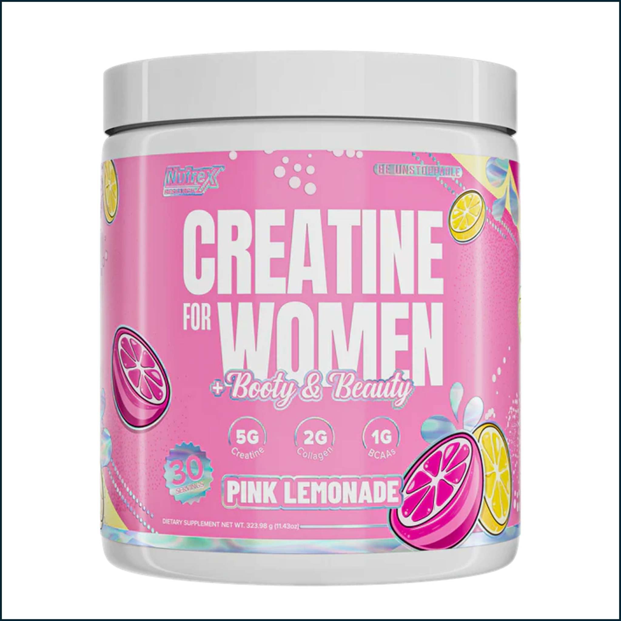 Creatine supplement tub labeled Nutrex Creatine for Women, with a bright pink lemonade citrus pattern and white lid.
