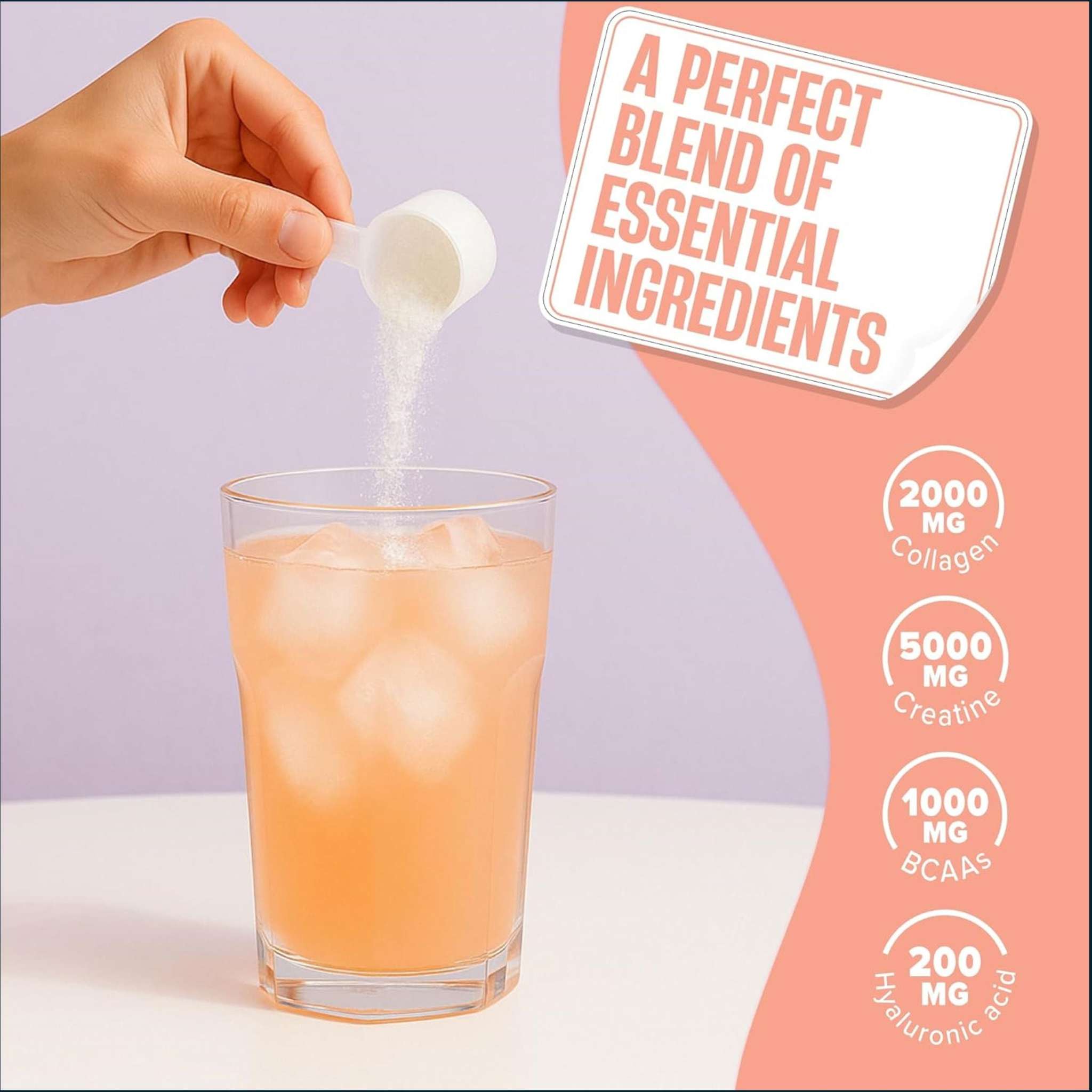Nutrex Creatine for Women powder being scooped into an orange drink, with a pastel peach and lavender graphic design and ingredient callouts.
