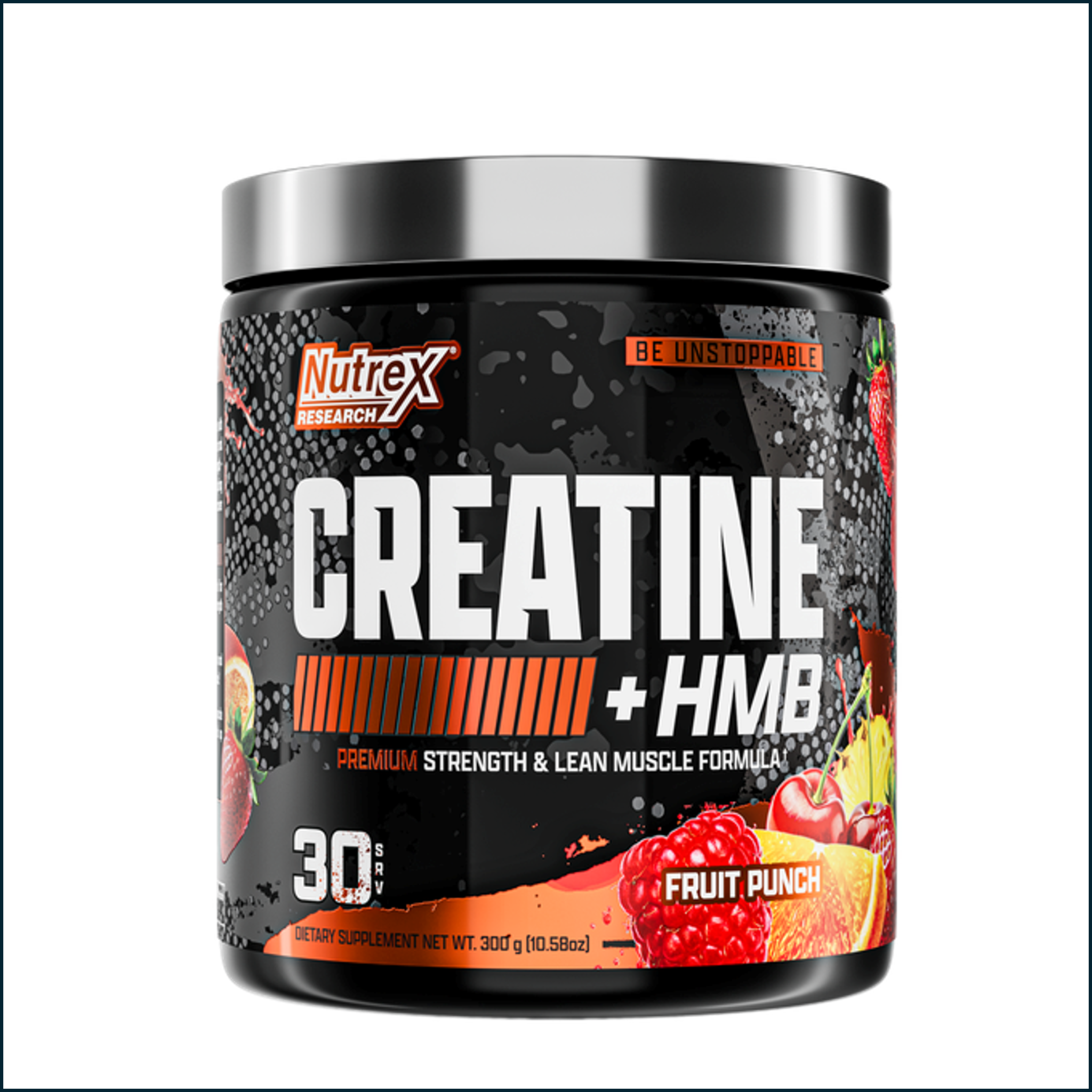 Creatine and HMB supplement tub in a black and orange fruit punch design, labeled Nutrex Creatine+ HMB