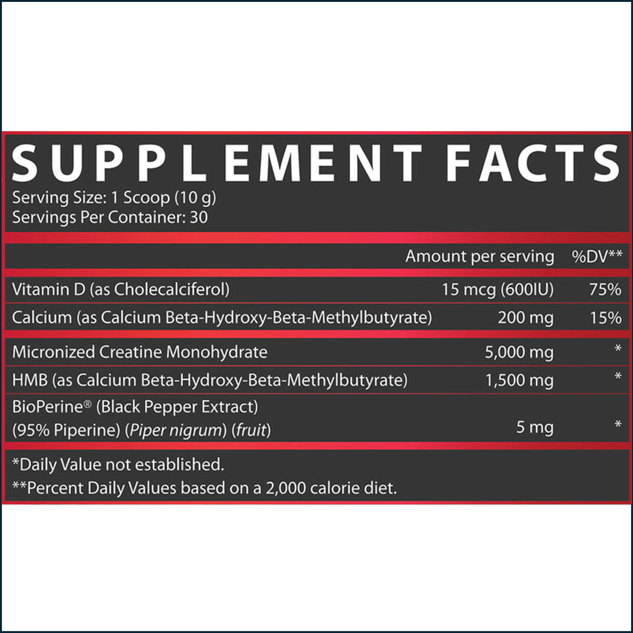 Nutrex Creatine+ HMB supplement facts label in black, white, and red, listing creatine, HMB, vitamin D, and 30 servings
