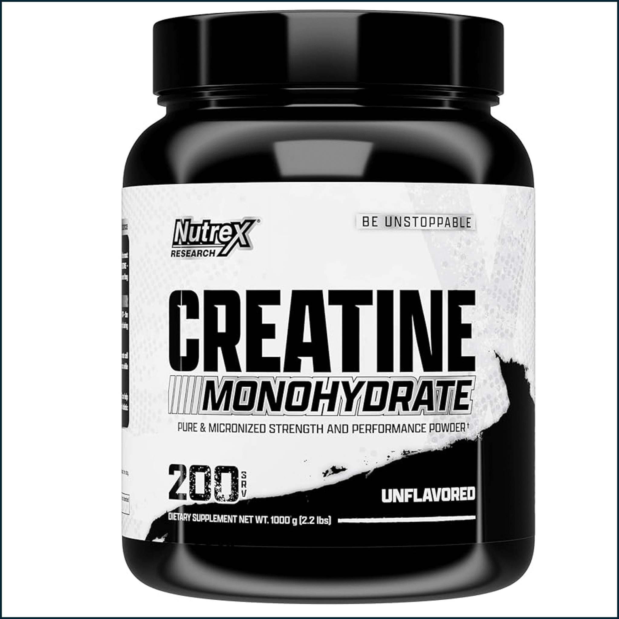 Nutrex Creatine Monohydrate in a black tub with a white label, bold black lettering and unflavored formula