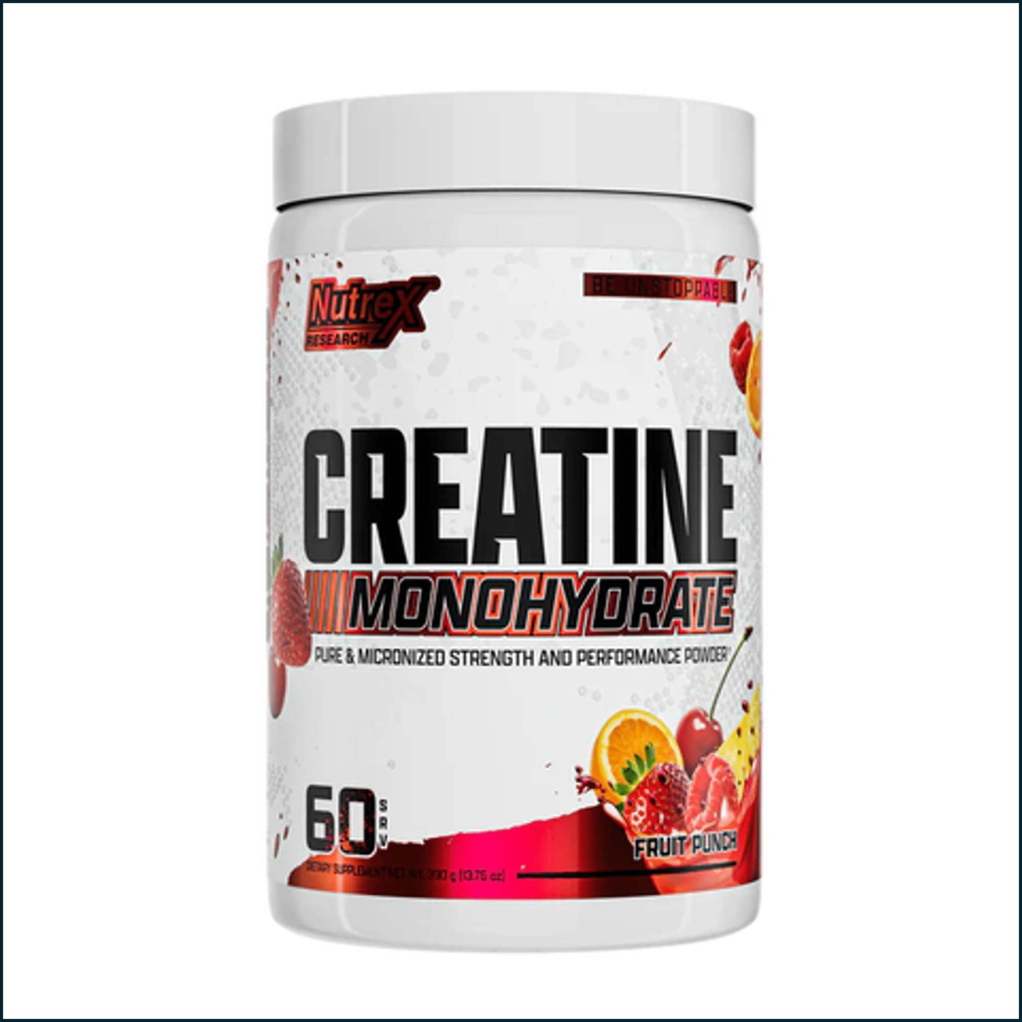 Creatine monohydrate powder in a white tub with a red-and-black label, fruit graphics, and 60 servings; Nutrex Flavored Creatine Monohydrate.