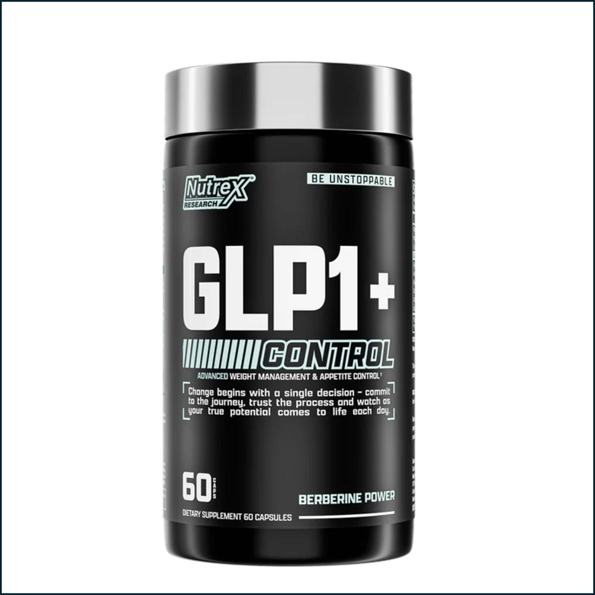 Supplement bottle of Nutrex GLP-1+ Control, black plastic with a silver cap and bold white and teal label lettering.