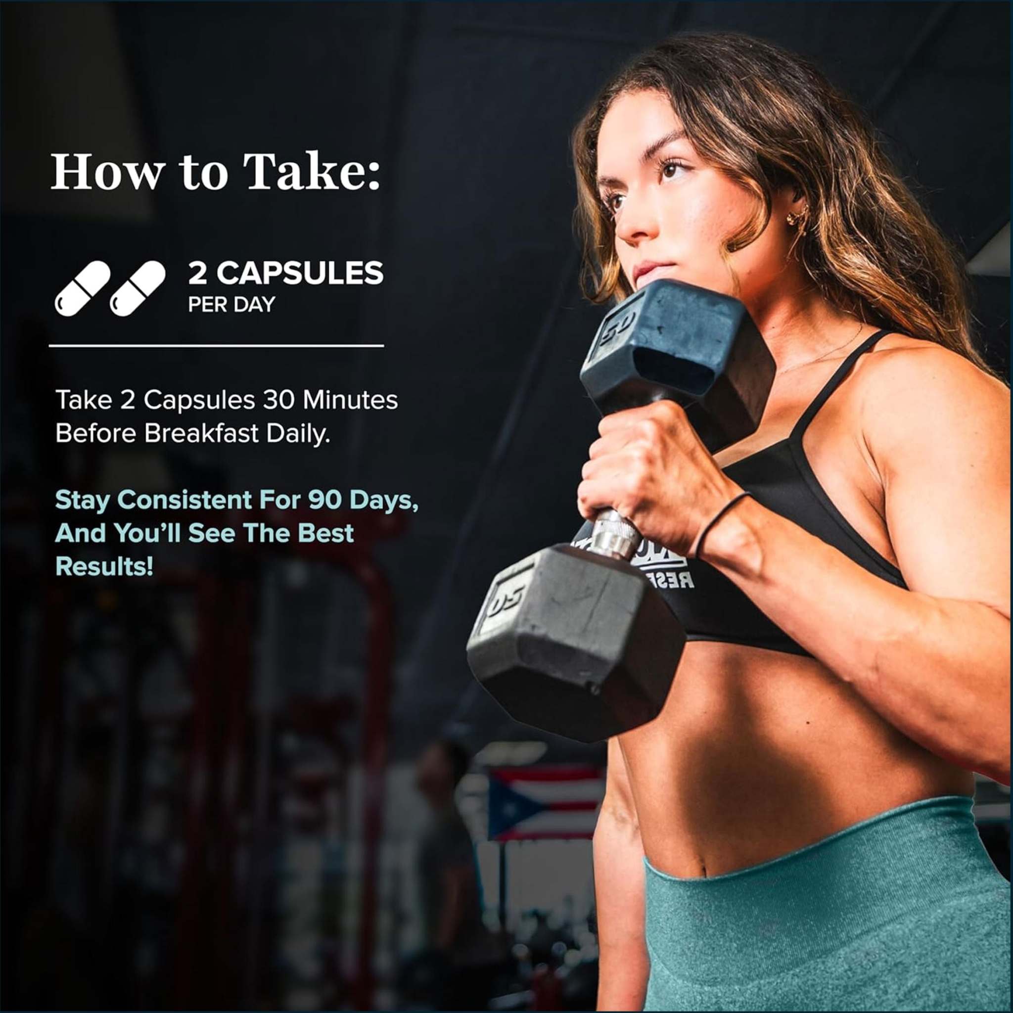 Supplement instruction card for Nutrex GLP-1+ Control, featuring a woman lifting a dumbbell and capsule dosage directions.
