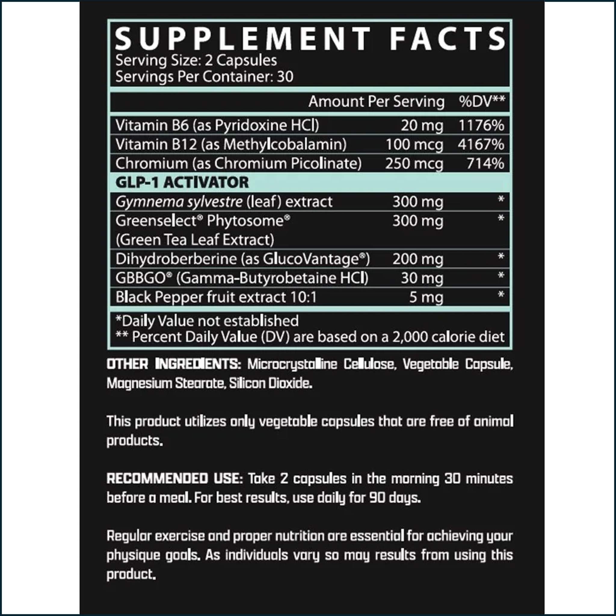 Supplement bottle label with Nutrex GLP-1+ Control, black packaging and white text listing capsule serving details and ingredients.