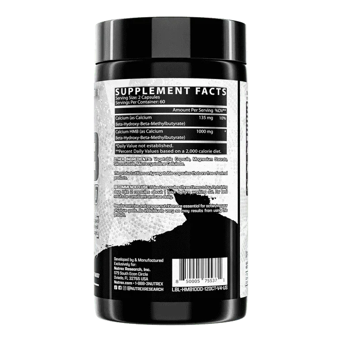 Nutrex HMB 1000 supplement bottle with black cap, white label, and visible supplement facts panel for 1000 mg HMB.