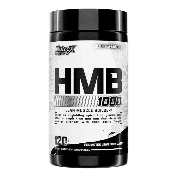 Nutrex HMB 1000 supplement in a black and white bottle with bold HMB 1000 label and 120 capsules