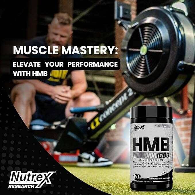 Nutrex HMB 1000 supplement bottle with a black cap and silver label, featuring bold black lettering and 120 capsules