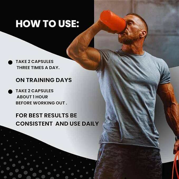 Nutrex HMB 1000 supplement usage graphic with a muscular man drinking from an orange shaker and capsule instructions