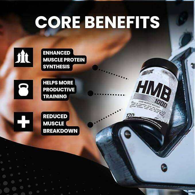 Nutrex HMB 1000 supplement bottle with a white and black label, shown alongside graphics of muscle benefits.