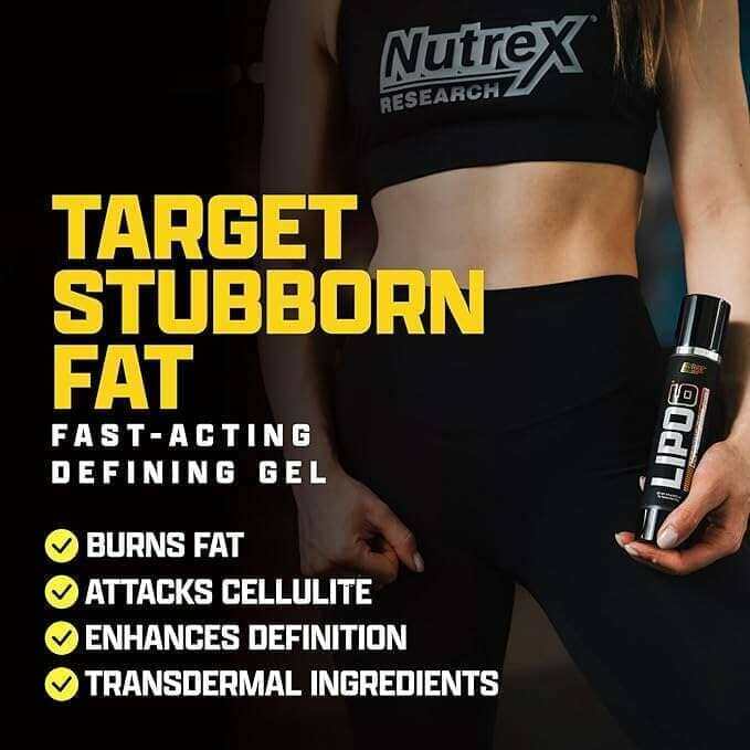 Nutrex LIPO-6 Defining Gel in a black bottle, shown with a model holding the applicator and yellow product claims.