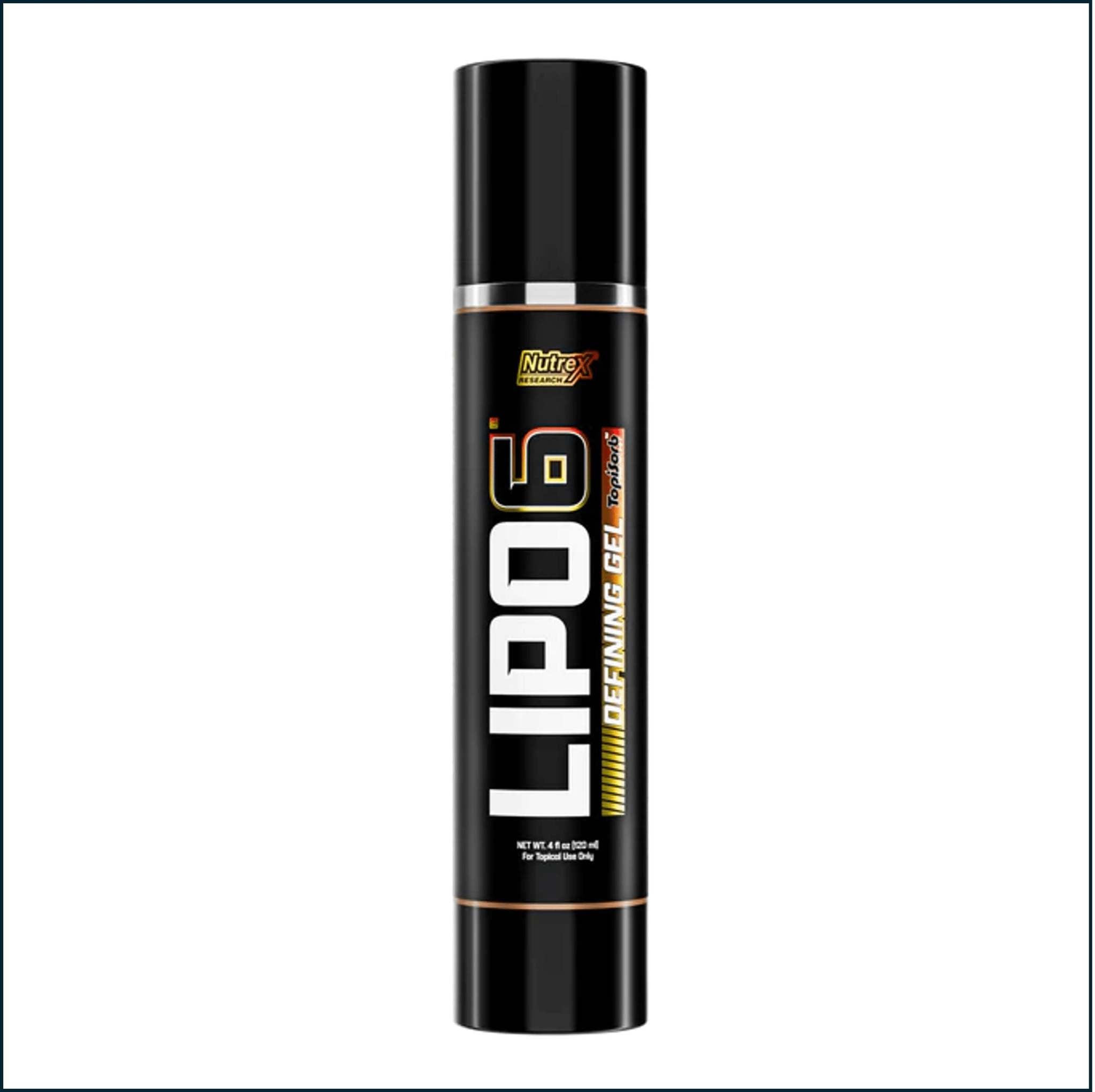 Nutrex LIPO-6 Defining Gel in a tall black cylindrical bottle with bold white lettering and gold accents