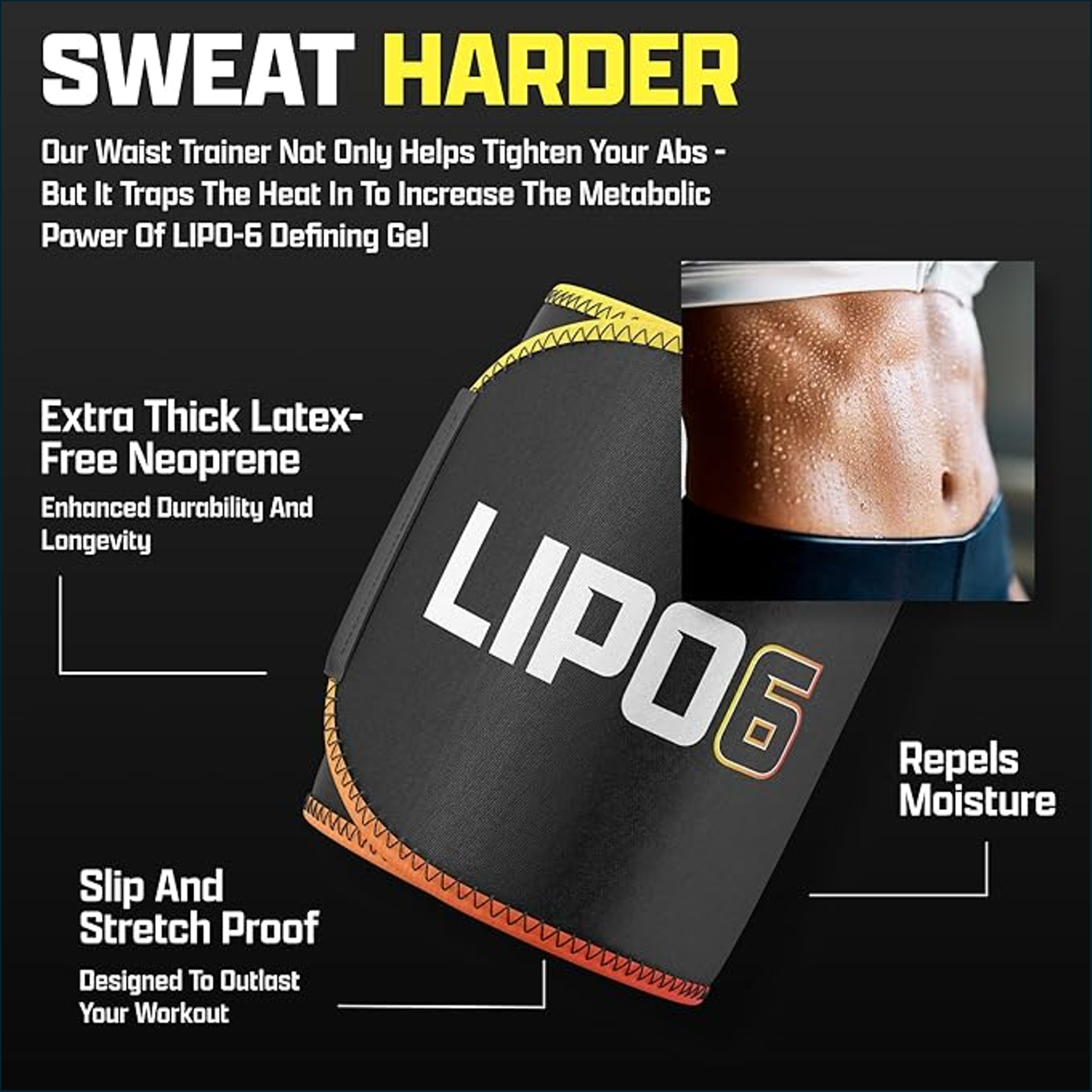 Nutrex LIPO-6 Waist Trimmer belt in black neoprene with bold LIPO-6 lettering and yellow-orange stitched edging