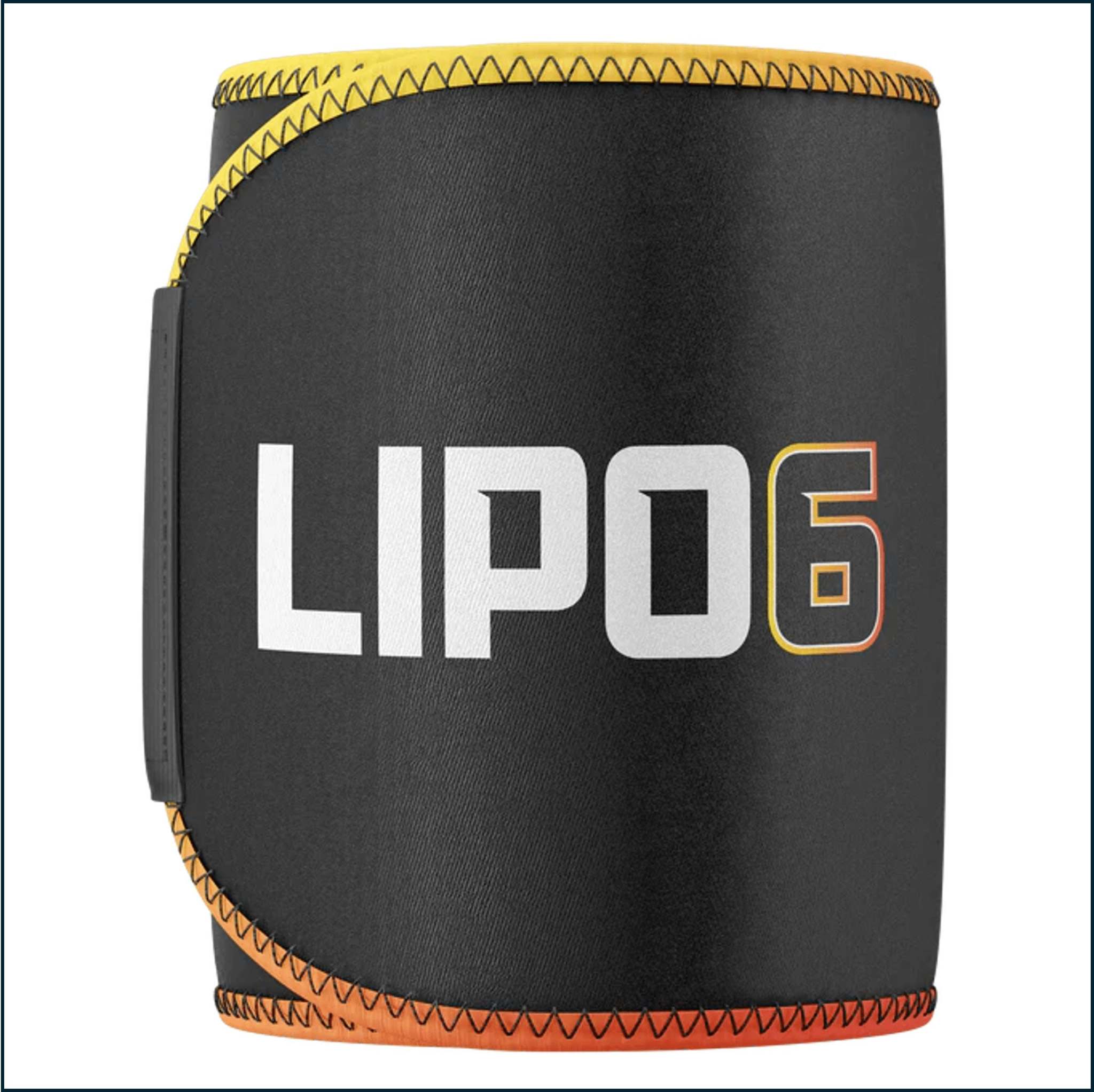 Nutrex LIPO-6 Waist Trimmer, black neoprene sweat belt with bold white logo and yellow-orange stitched edging