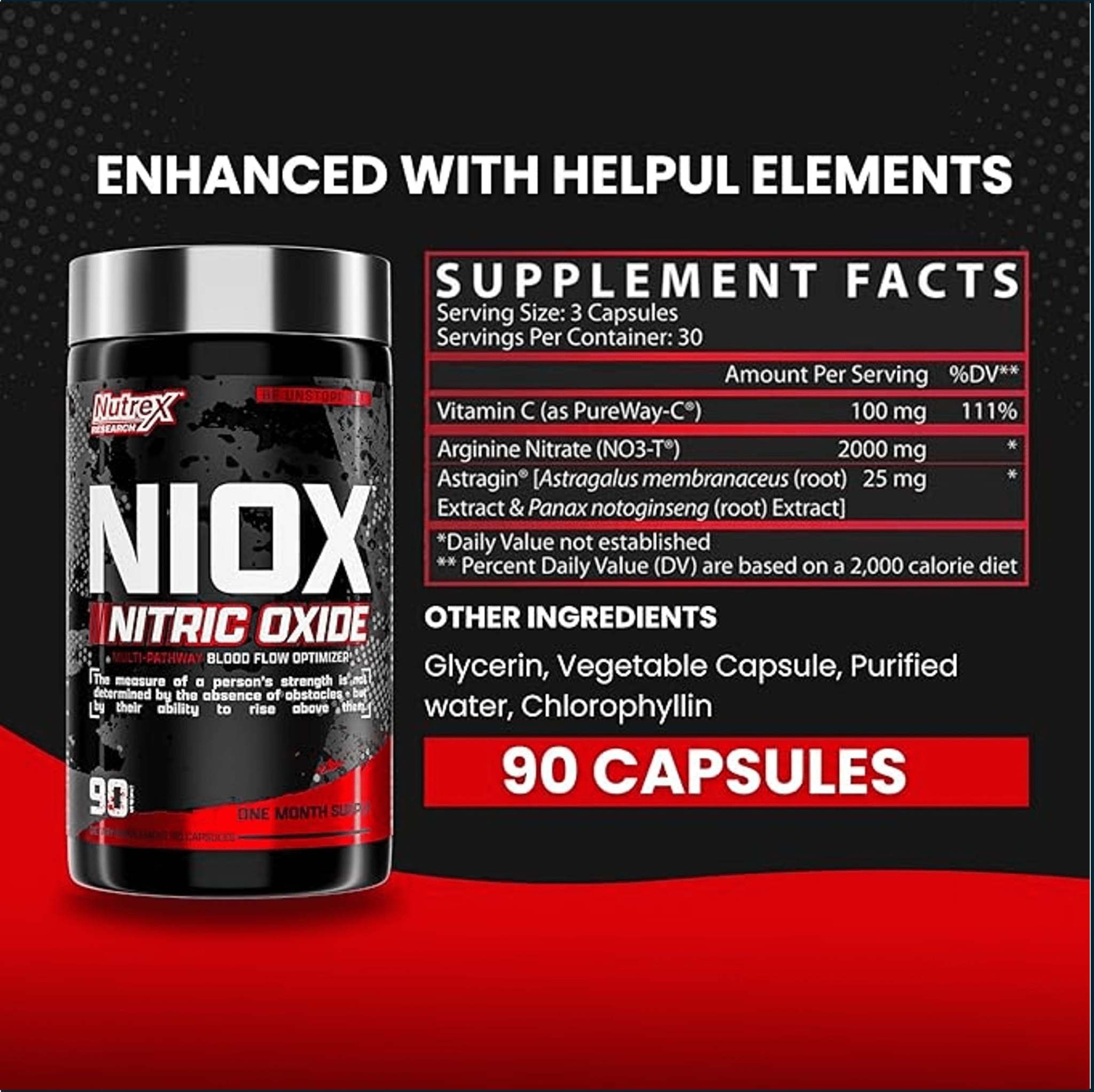 Nutrex NIOX Nitric Oxide supplement bottle with a black and red label, shown beside supplement facts and 90-capsule details