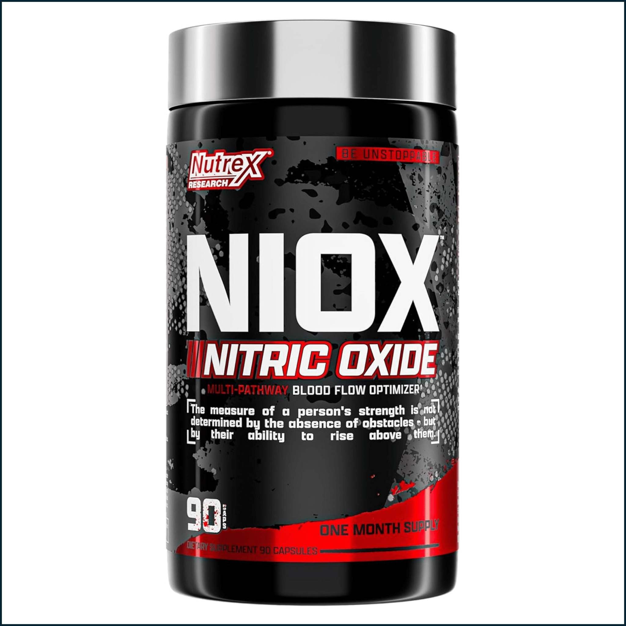 Nutrex NIOX Nitric Oxide supplement bottle with a black and red label, silver cap, and 90-capsule marking