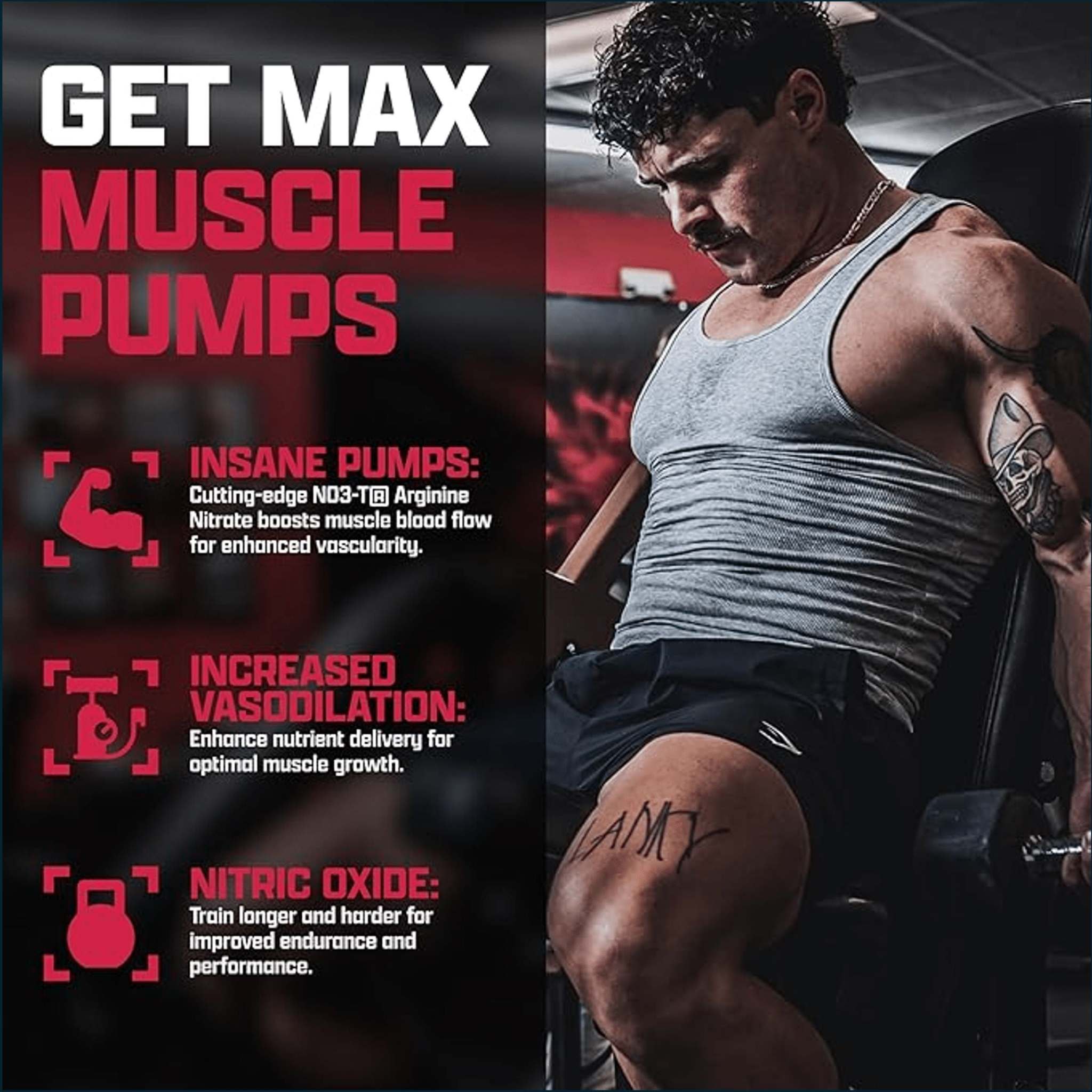 Nutrex NIOX Nitric Oxide supplement graphic with a muscular man in a gray tank top and bold red muscle pump claims