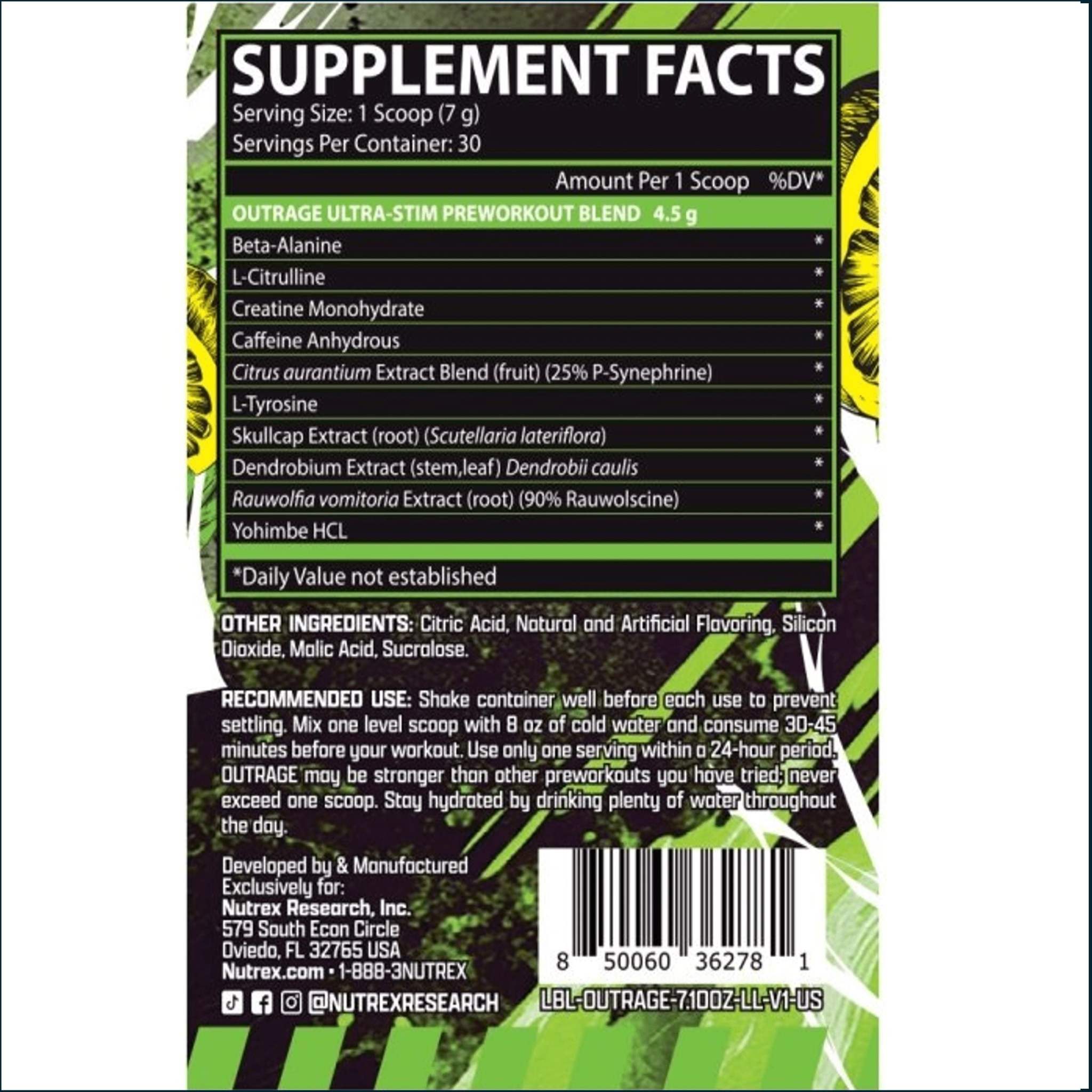 Nutrex OutRage 30 serving pre-workout container for energy and focus