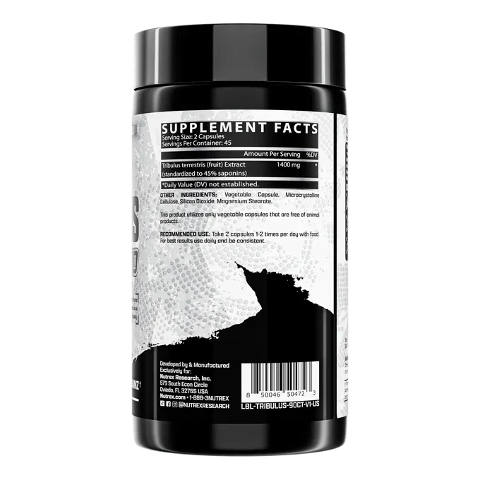Nutrex Tribulus 1400 supplement bottle with a black cap, silver label, and black-and-white graphics
