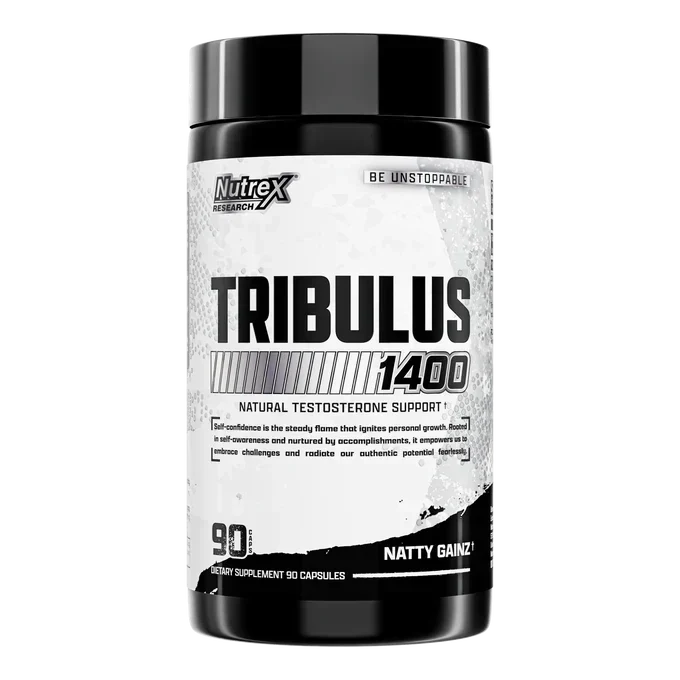 Nutrex Tribulus 1400 supplement bottle with a black cap, white label, bold black lettering and 90 capsule count