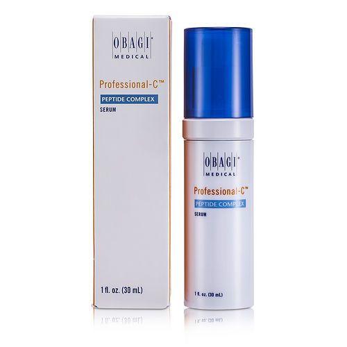 Obagi facial serum in a white bottle with metallic blue cap, shown beside its matching silver peptide complex box