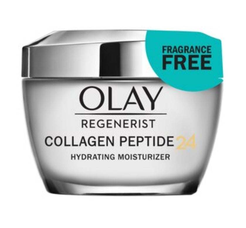 Olay regenerar collagen moisturizer in a silver jar with black lettering and a teal fragrance-free label