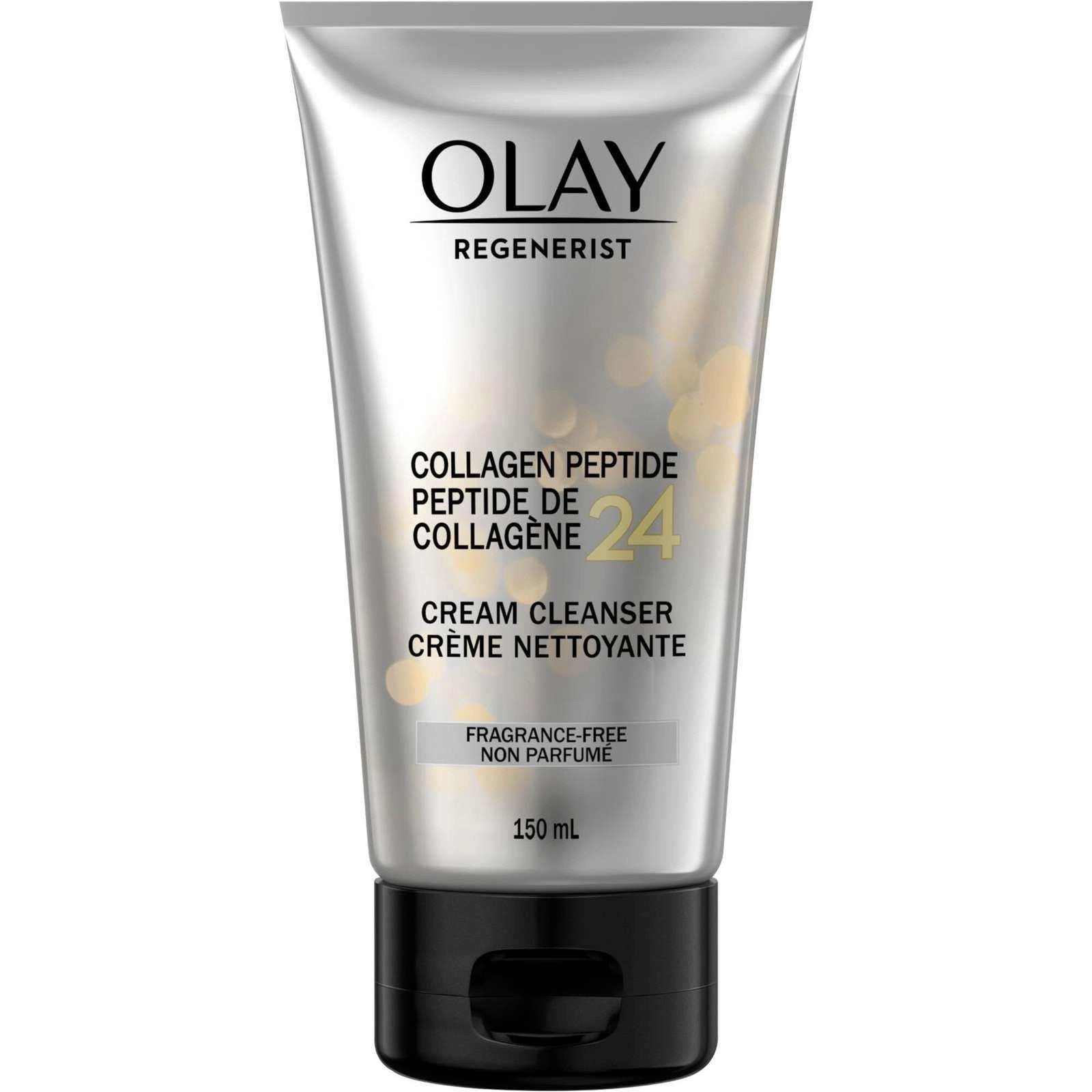 Olay Regenerist Collagen Peptide 24 face wash in a silver tube with a black flip-top cap and gold accents