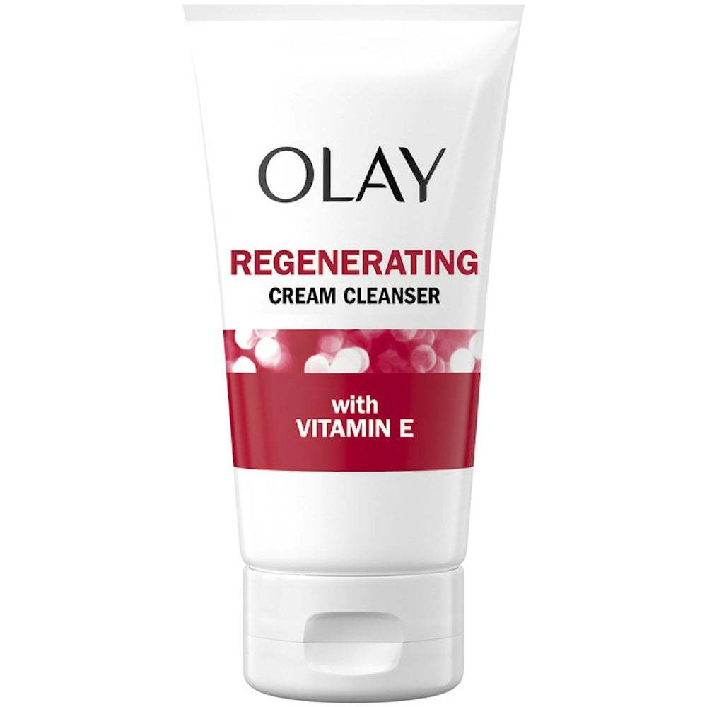 Olay Regenerist Regenerating Cream face cleanser in a white tube with red bands, Vitamin E label, and flip-top cap.