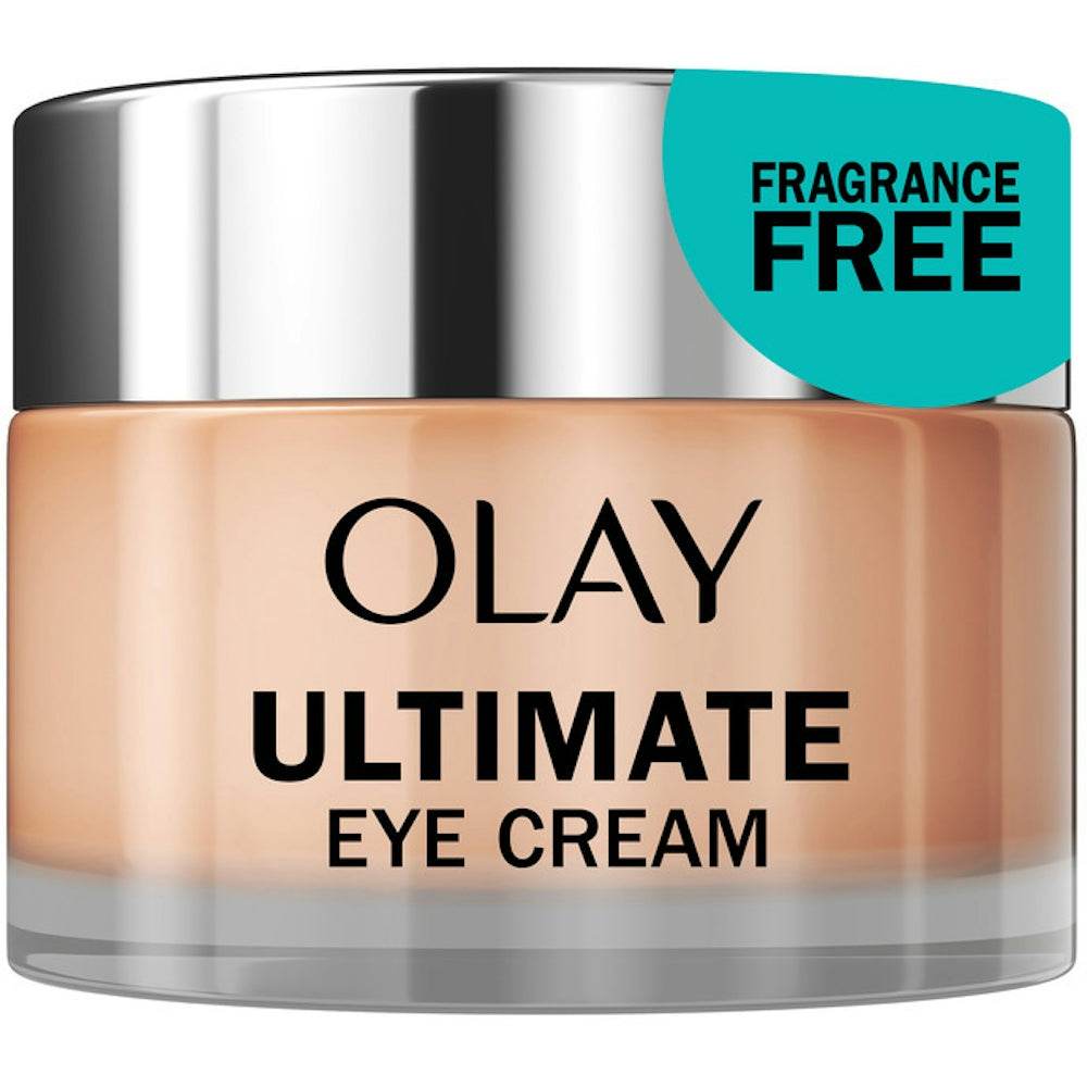 Olay Ultimate Eye Cream in a peach-toned jar with a silver lid and turquoise fragrance-free label