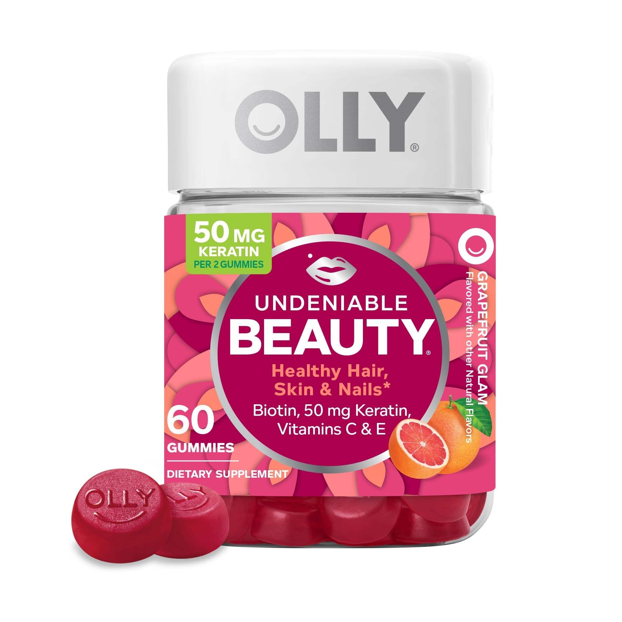 OLLY® Undeniable Beauty grapefruit gummy supplement in a clear bottle with a white cap and vibrant pink floral label