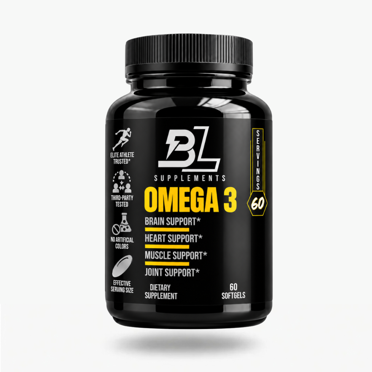 Omega-3 Fatty Acids supplement in a black bottle with a yellow label, 60 softgels and brain, heart, muscle and joint support