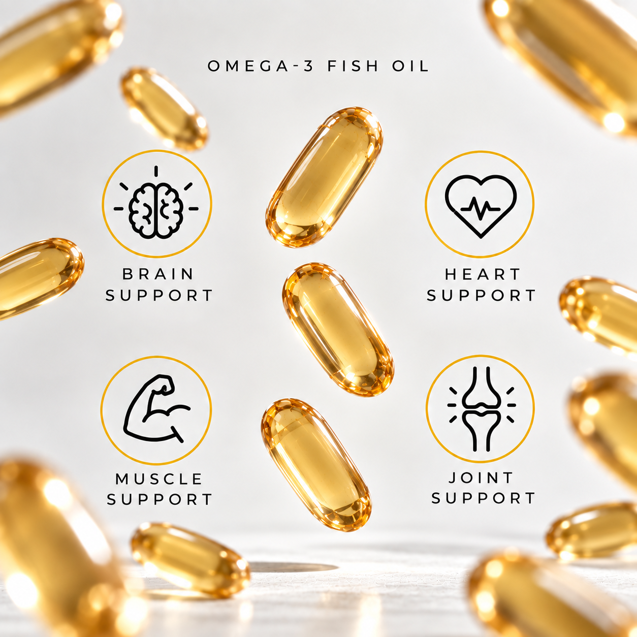 Omega-3 Fatty Acids fish oil capsules in translucent golden softgels with brain, heart, muscle and joint support icons