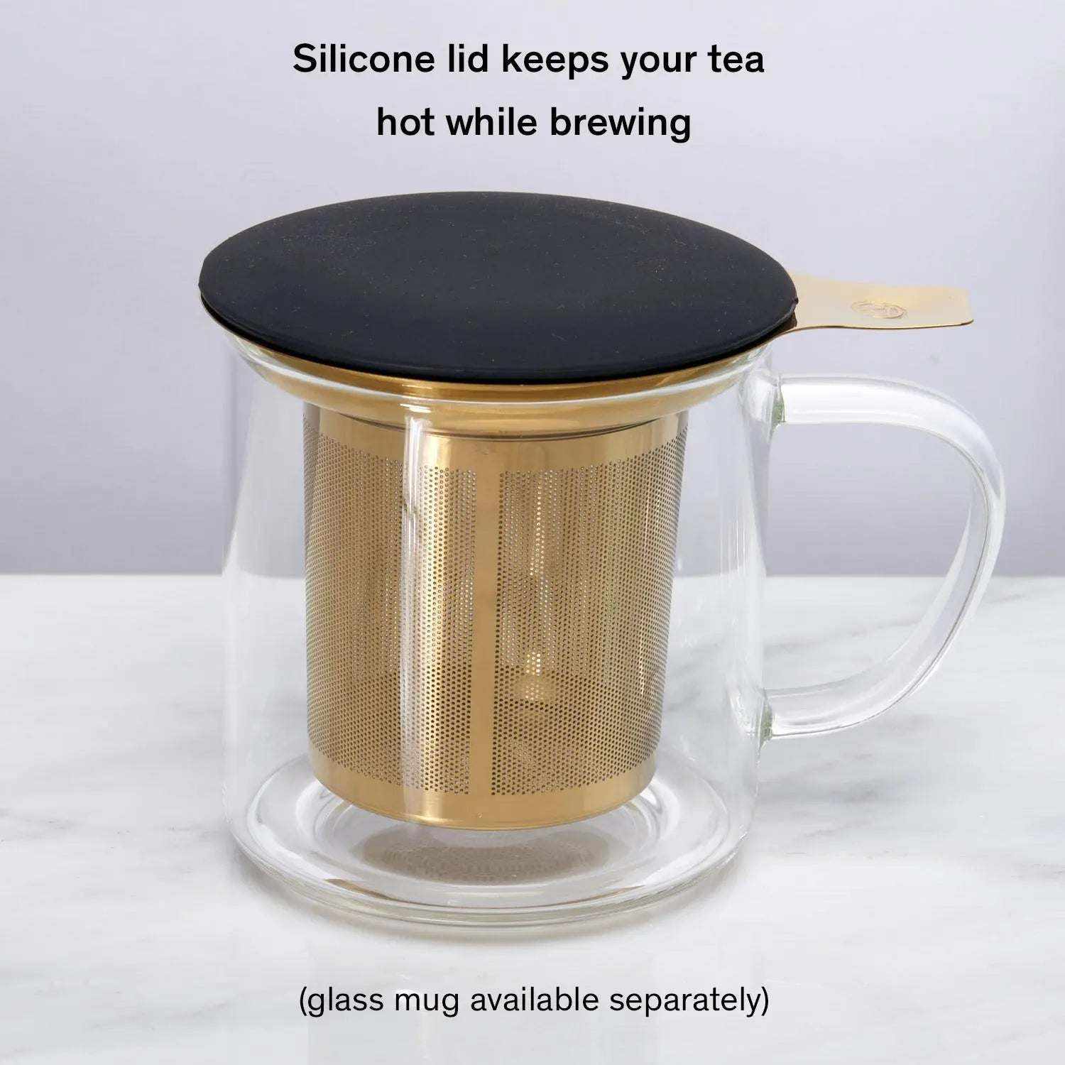 One Cup Infuser with gold-toned stainless steel mesh, clear glass body, and black silicone lid