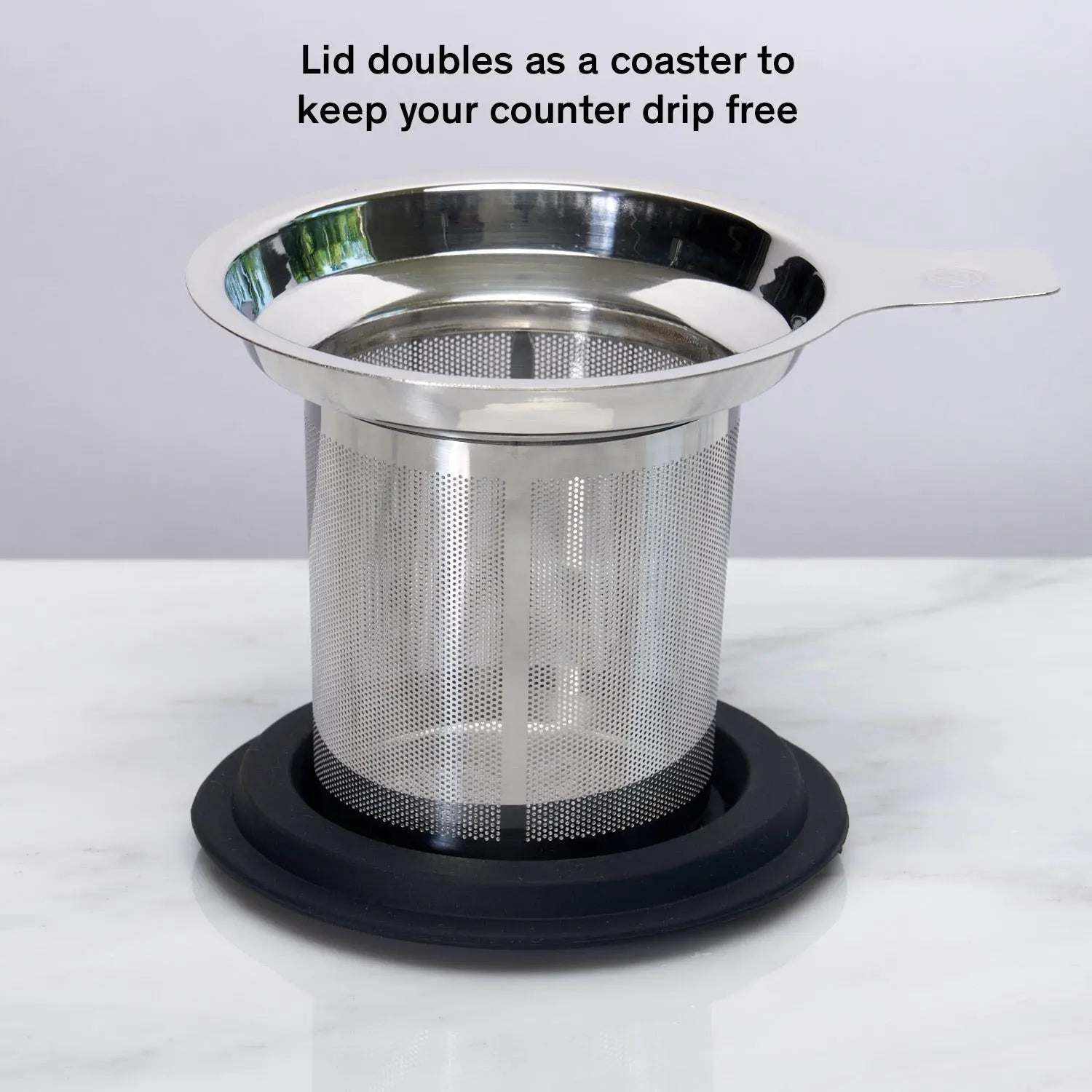 One Cup Infuser with a stainless steel micro-mesh basket and black silicone lid coaster