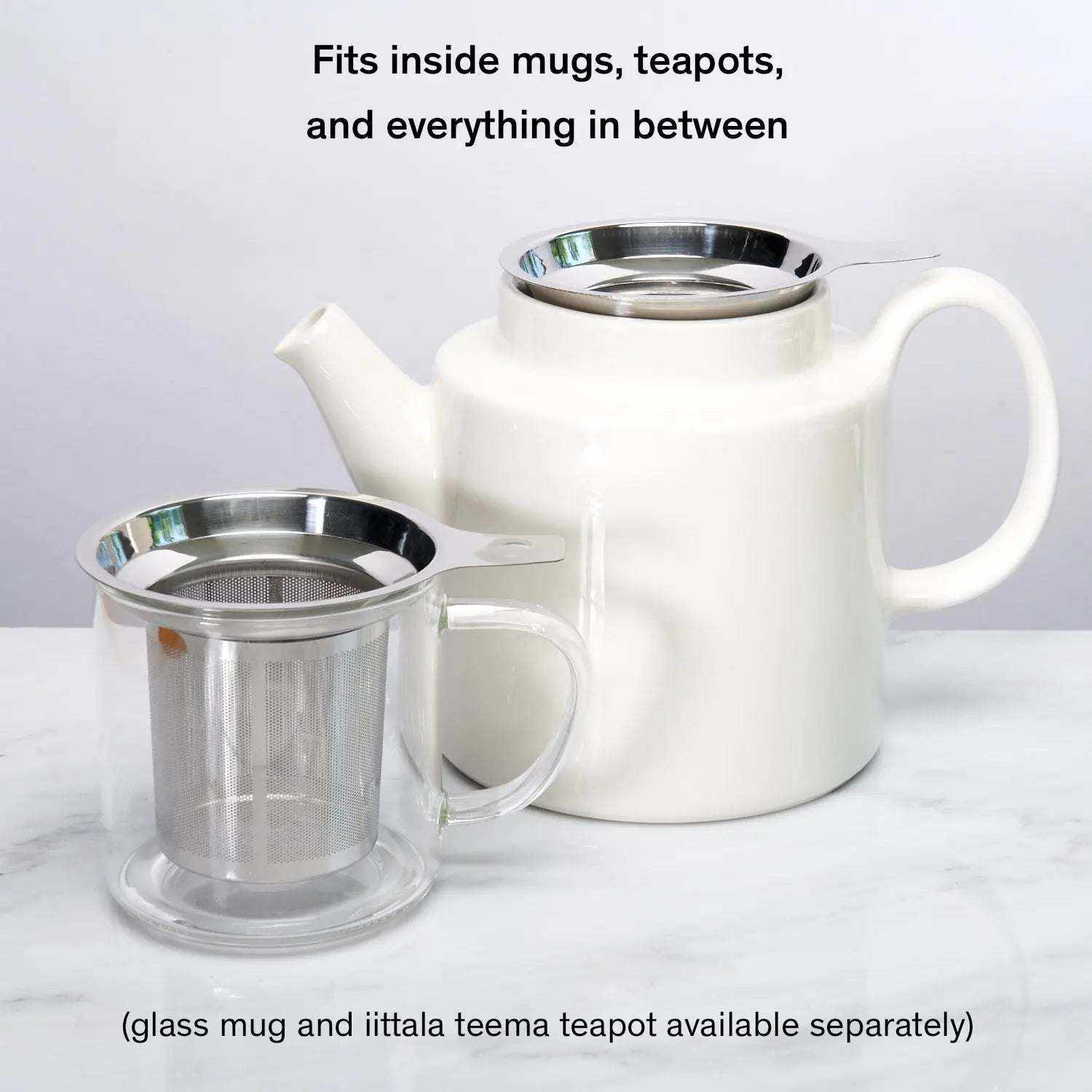 One Cup Infuser stainless steel mesh strainer with clear glass handle and coaster base