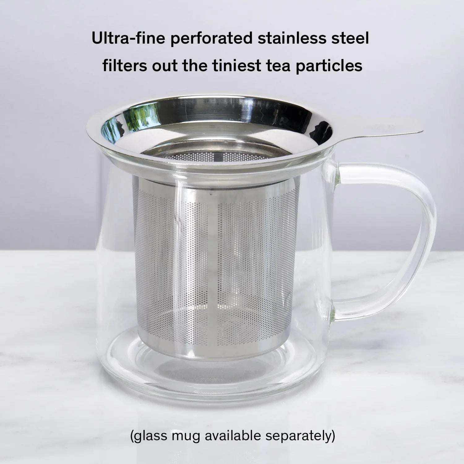 One Cup Infuser with a clear glass mug, stainless steel micro-mesh basket, and reflective silver rim