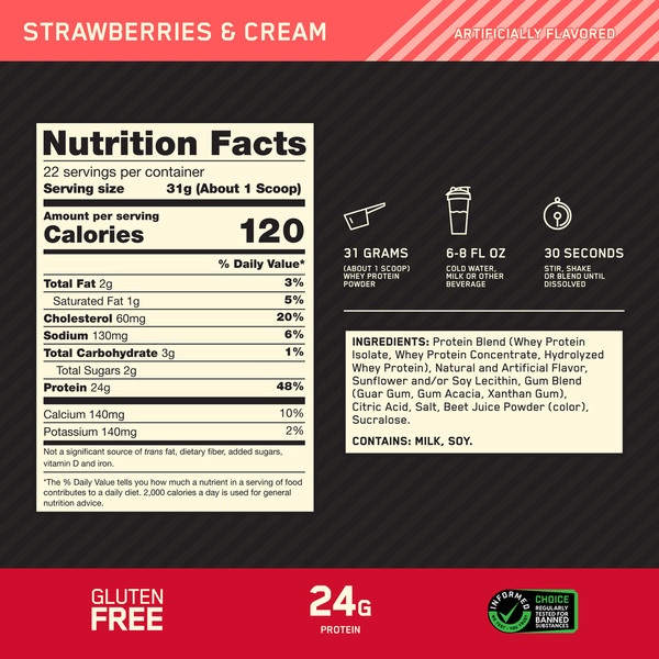 Optimum Nutrition whey protein powder label with strawberries and cream flavor, red and black packaging and 24g protein